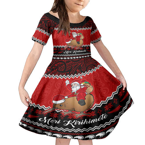 personalised-new-zealand-christmas-kid-short-sleeve-dress-kiwi-santa-claus-maori-meri-kirihimete