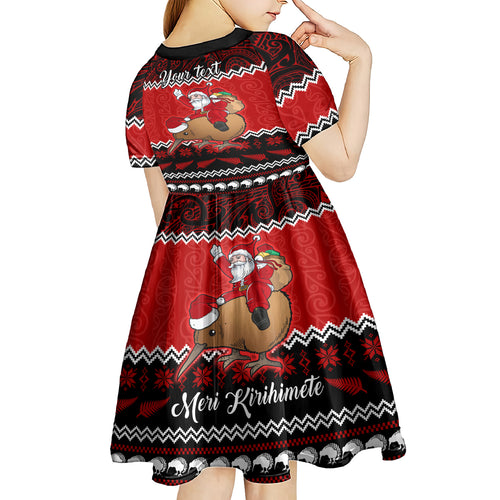 personalised-new-zealand-christmas-kid-short-sleeve-dress-kiwi-santa-claus-maori-meri-kirihimete