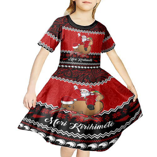 personalised-new-zealand-christmas-kid-short-sleeve-dress-kiwi-santa-claus-maori-meri-kirihimete