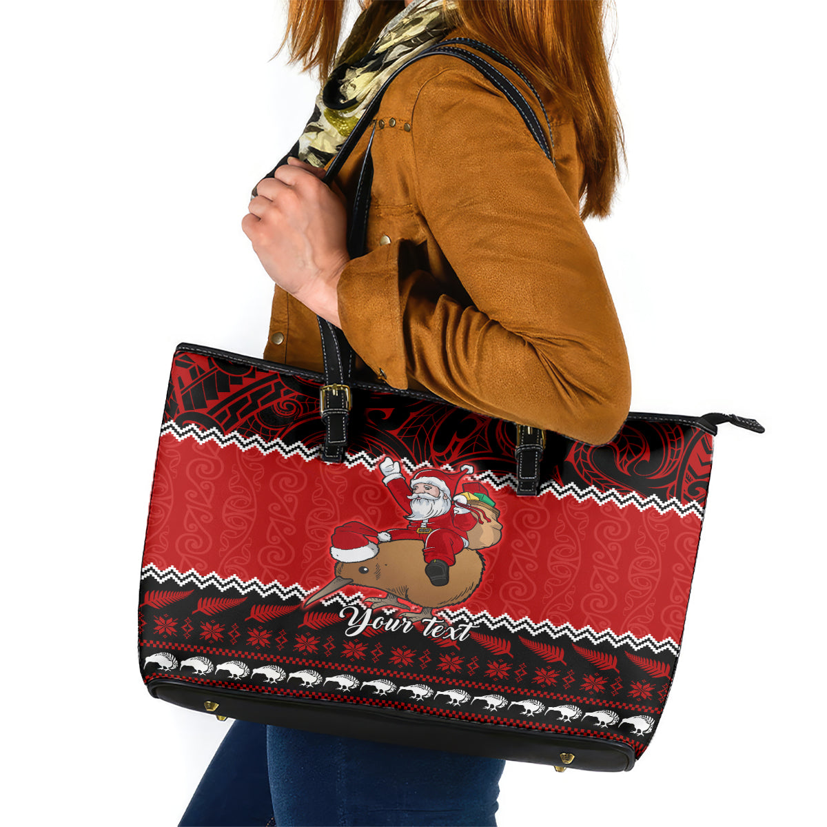 personalised-new-zealand-christmas-leather-tote-bag-kiwi-santa-claus-maori-meri-kirihimete