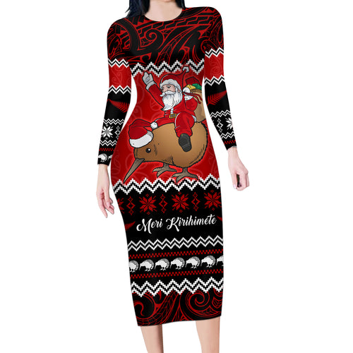 personalised-new-zealand-christmas-long-sleeve-bodycon-dress-kiwi-santa-claus-maori-meri-kirihimete