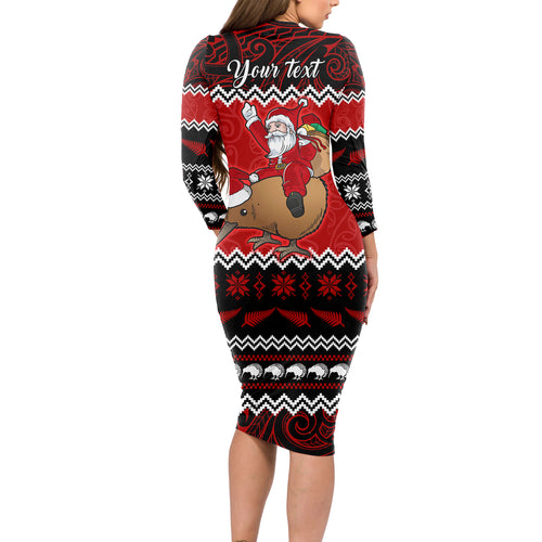 personalised-new-zealand-christmas-long-sleeve-bodycon-dress-kiwi-santa-claus-maori-meri-kirihimete