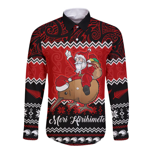 personalised-new-zealand-christmas-long-sleeve-button-shirt-kiwi-santa-claus-maori-meri-kirihimete
