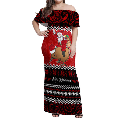 personalised-new-zealand-christmas-off-shoulder-maxi-dress-kiwi-santa-claus-maori-meri-kirihimete