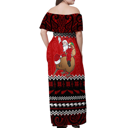 personalised-new-zealand-christmas-off-shoulder-maxi-dress-kiwi-santa-claus-maori-meri-kirihimete