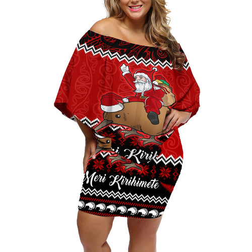 personalised-new-zealand-christmas-off-shoulder-short-dress-kiwi-santa-claus-maori-meri-kirihimete