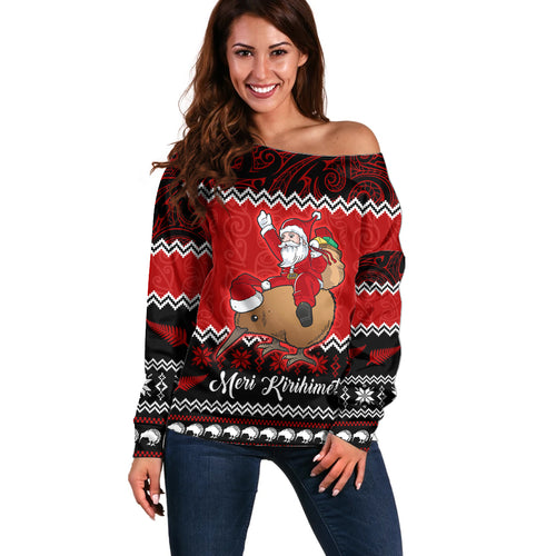 personalised-new-zealand-christmas-off-shoulder-sweater-kiwi-santa-claus-maori-meri-kirihimete