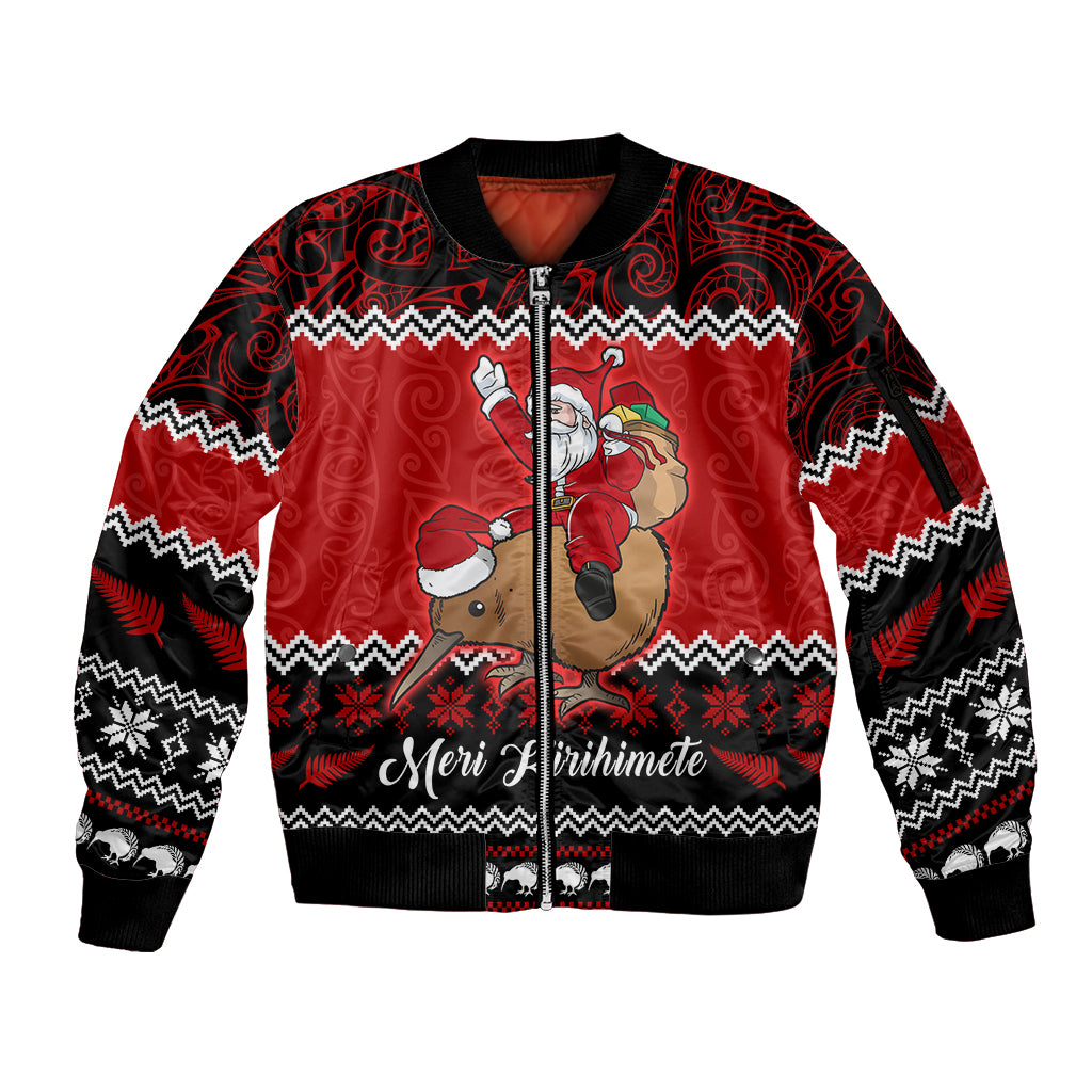 personalised-new-zealand-christmas-sleeve-zip-bomber-jacket-kiwi-santa-claus-maori-meri-kirihimete