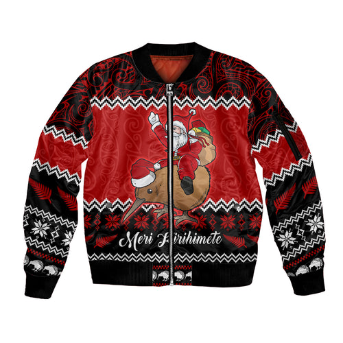 personalised-new-zealand-christmas-sleeve-zip-bomber-jacket-kiwi-santa-claus-maori-meri-kirihimete