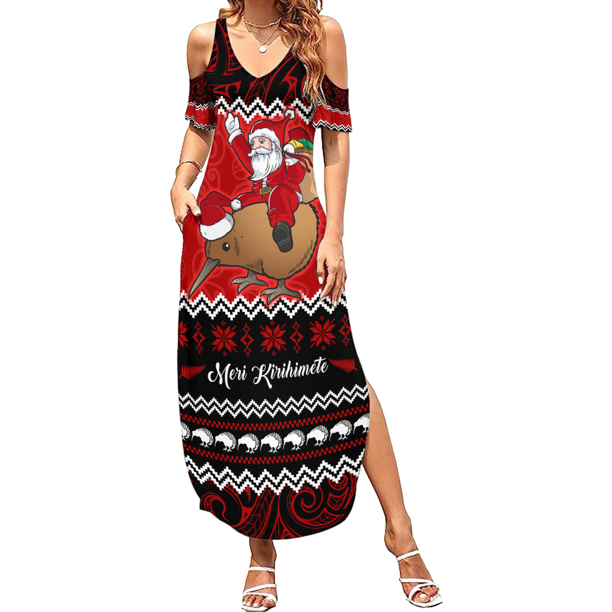 personalised-new-zealand-christmas-summer-maxi-dress-kiwi-santa-claus-maori-meri-kirihimete