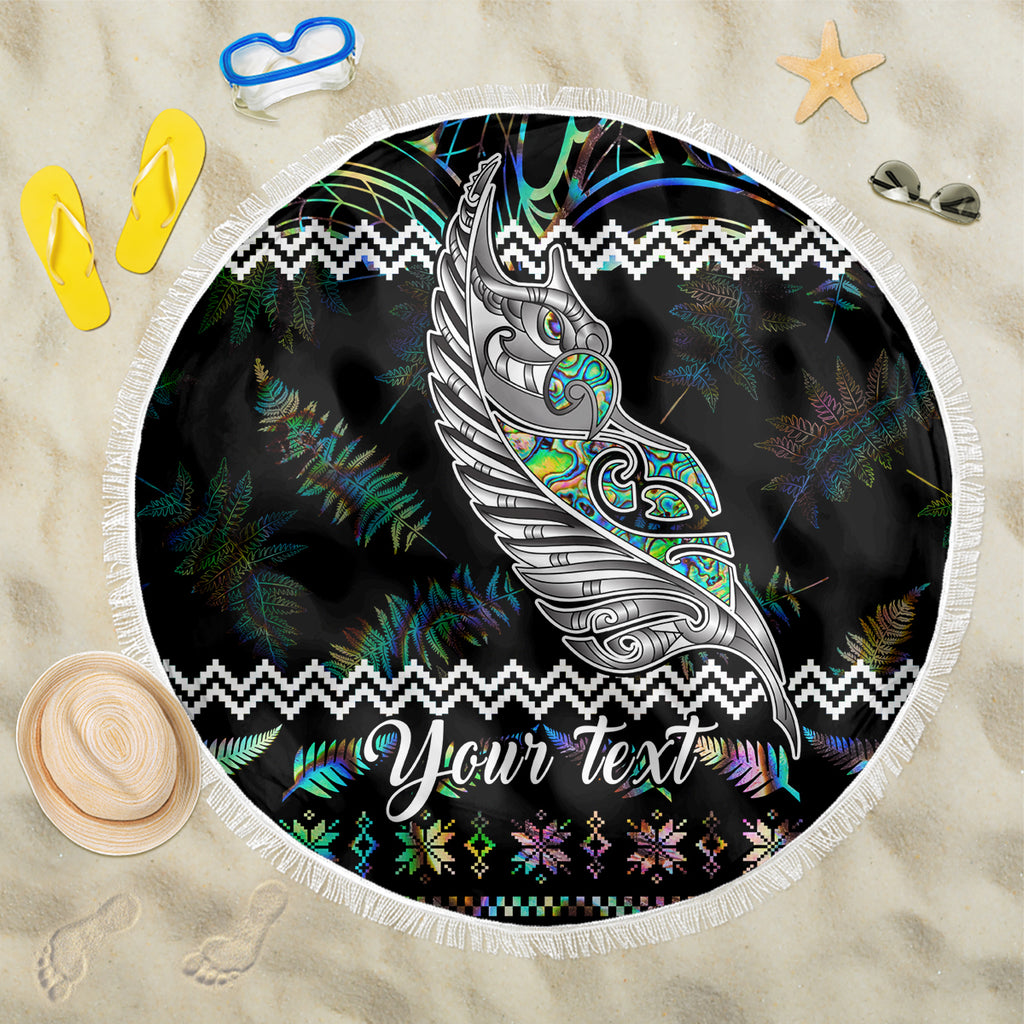 personalised-new-zealand-christmas-beach-blanket-maori-fern-manaia-meri-kirihimete-with-papaua-shell