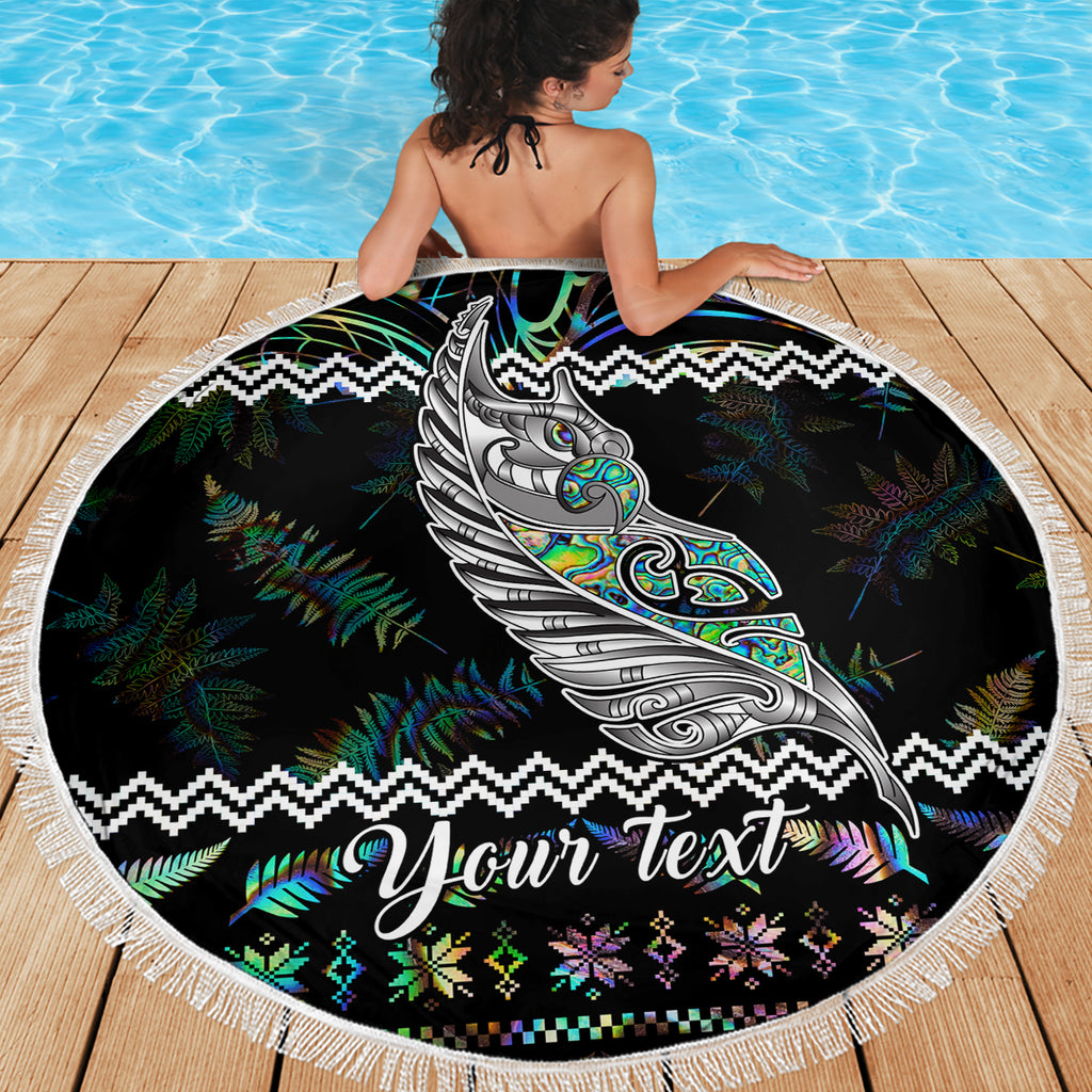 personalised-new-zealand-christmas-beach-blanket-maori-fern-manaia-meri-kirihimete-with-papaua-shell