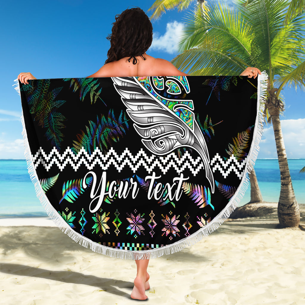 personalised-new-zealand-christmas-beach-blanket-maori-fern-manaia-meri-kirihimete-with-papaua-shell