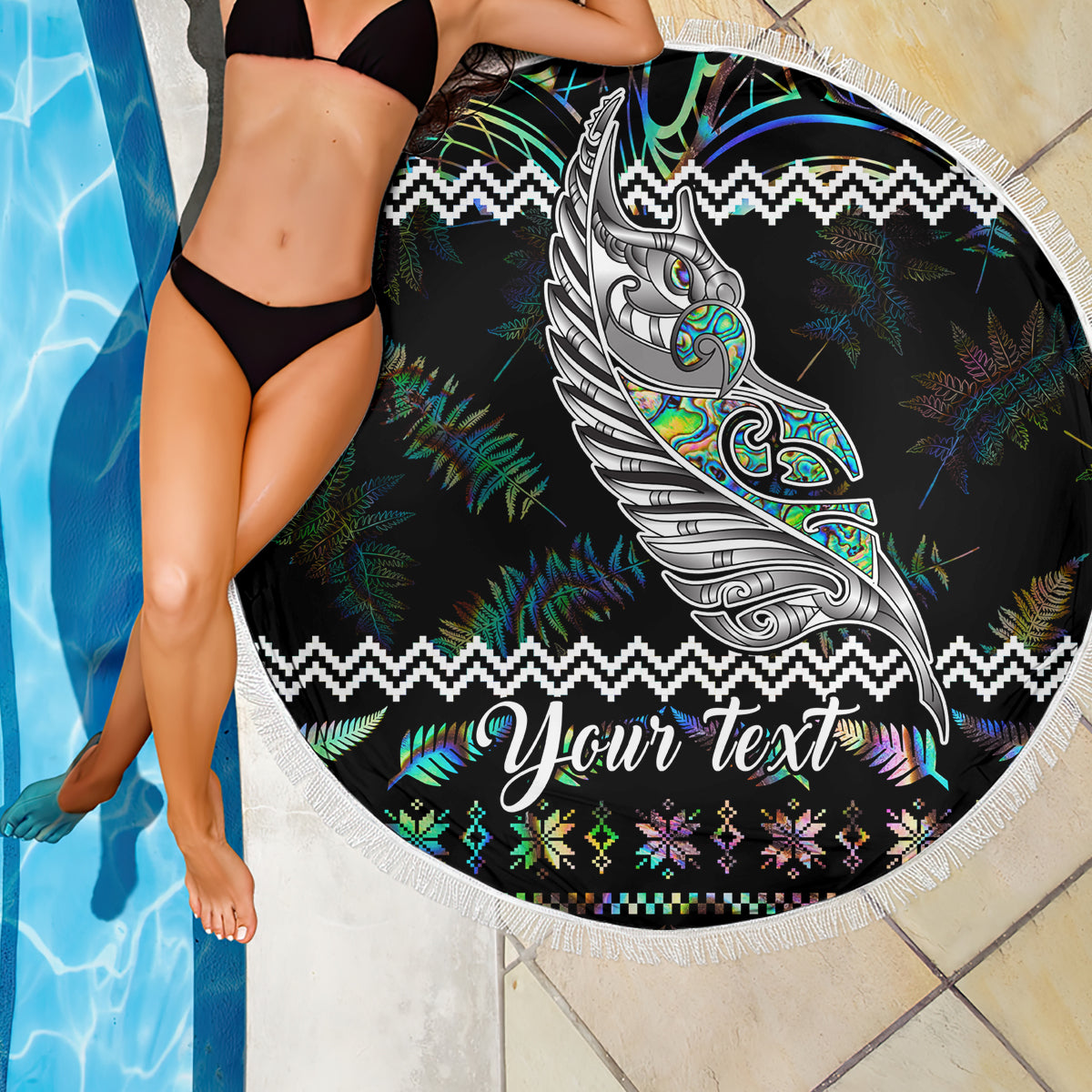personalised-new-zealand-christmas-beach-blanket-maori-fern-manaia-meri-kirihimete-with-papaua-shell