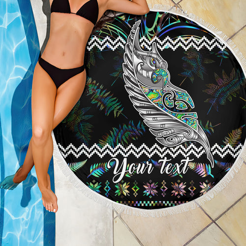 personalised-new-zealand-christmas-beach-blanket-maori-fern-manaia-meri-kirihimete-with-papaua-shell