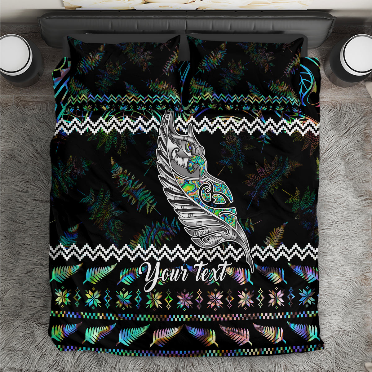 personalised-new-zealand-christmas-bedding-set-maori-fern-manaia-meri-kirihimete-with-papaua-shell