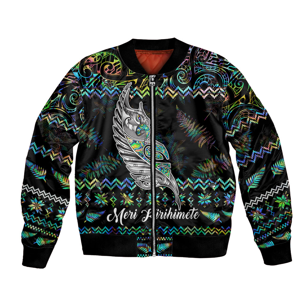 personalised-new-zealand-christmas-bomber-jacket-maori-fern-manaia-meri-kirihimete-with-papaua-shell