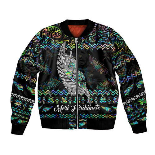 personalised-new-zealand-christmas-bomber-jacket-maori-fern-manaia-meri-kirihimete-with-papaua-shell
