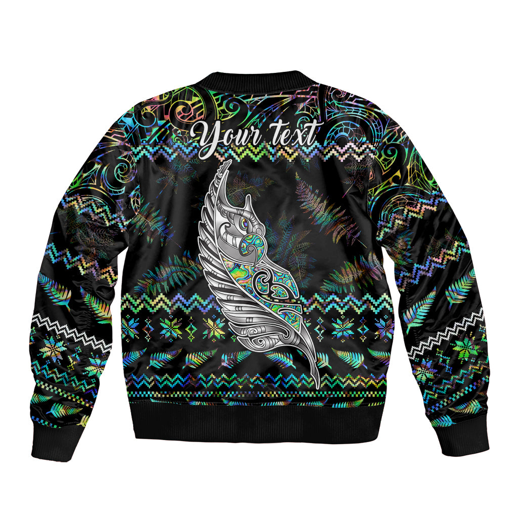 personalised-new-zealand-christmas-bomber-jacket-maori-fern-manaia-meri-kirihimete-with-papaua-shell