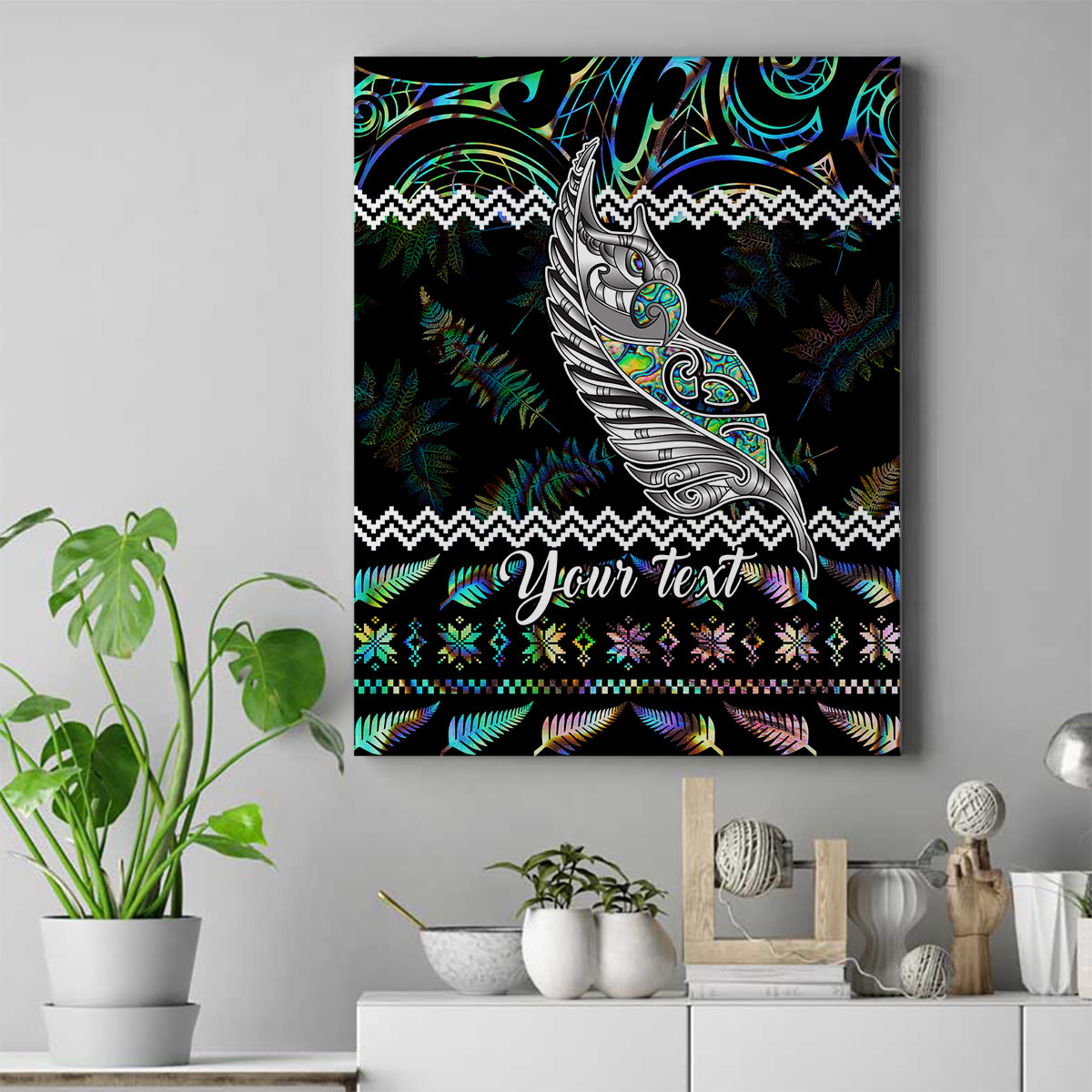 personalised-new-zealand-christmas-canvas-wall-art-maori-fern-manaia-meri-kirihimete-with-papaua-shell