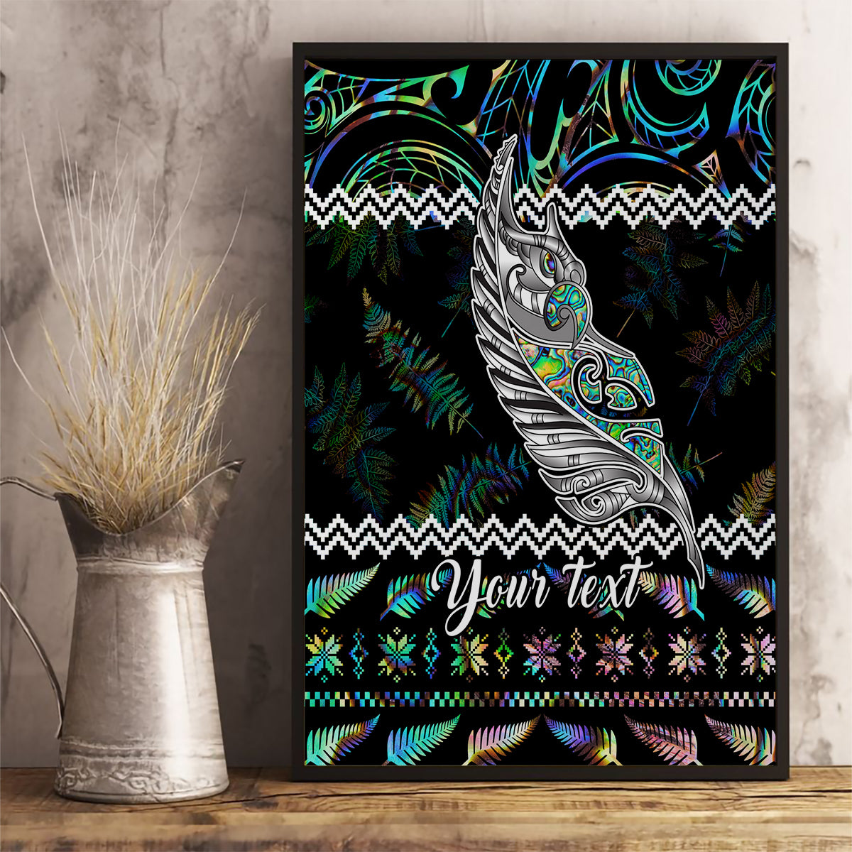personalised-new-zealand-christmas-canvas-wall-art-maori-fern-manaia-meri-kirihimete-with-papaua-shell