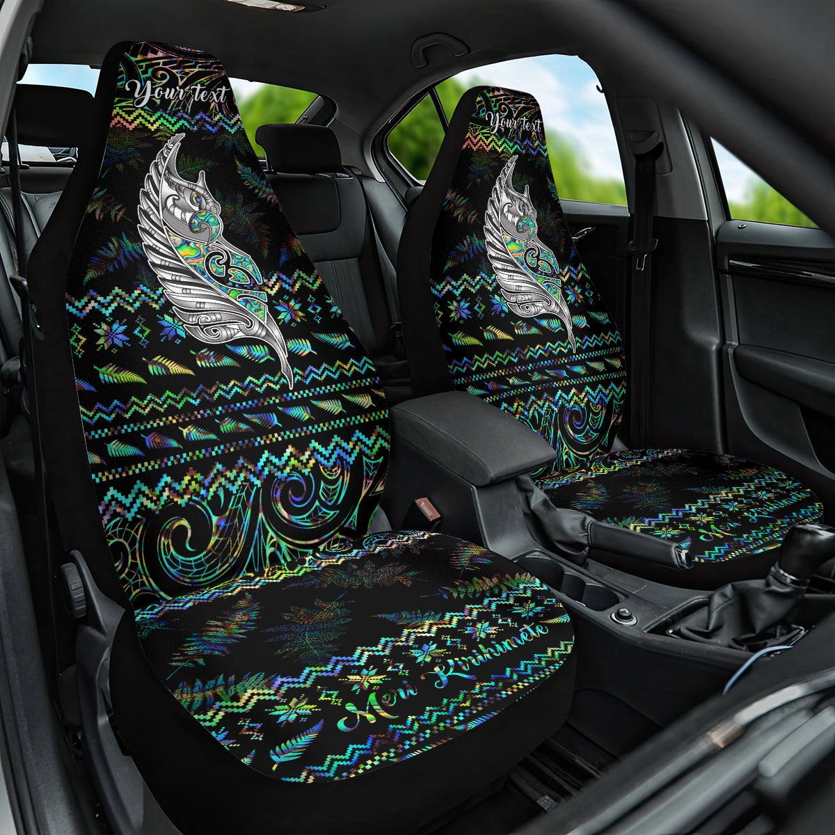 personalised-new-zealand-christmas-car-seat-cover-maori-fern-manaia-meri-kirihimete-with-papaua-shell