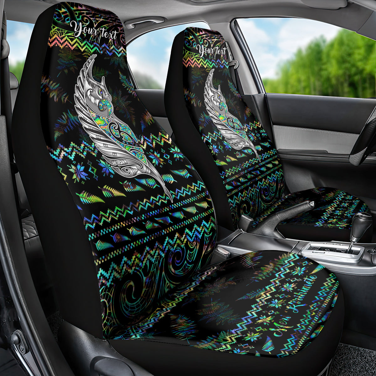 personalised-new-zealand-christmas-car-seat-cover-maori-fern-manaia-meri-kirihimete-with-papaua-shell