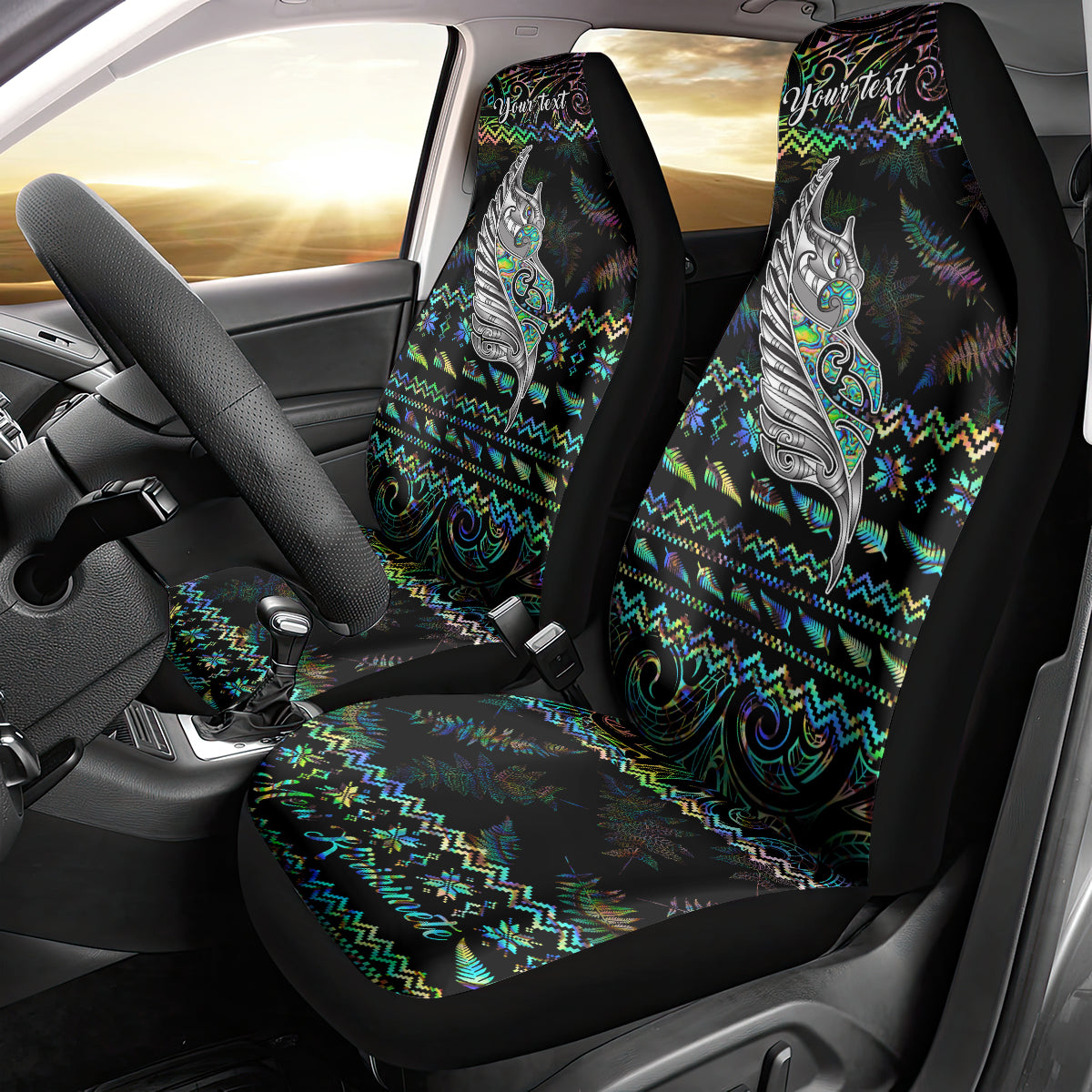 personalised-new-zealand-christmas-car-seat-cover-maori-fern-manaia-meri-kirihimete-with-papaua-shell