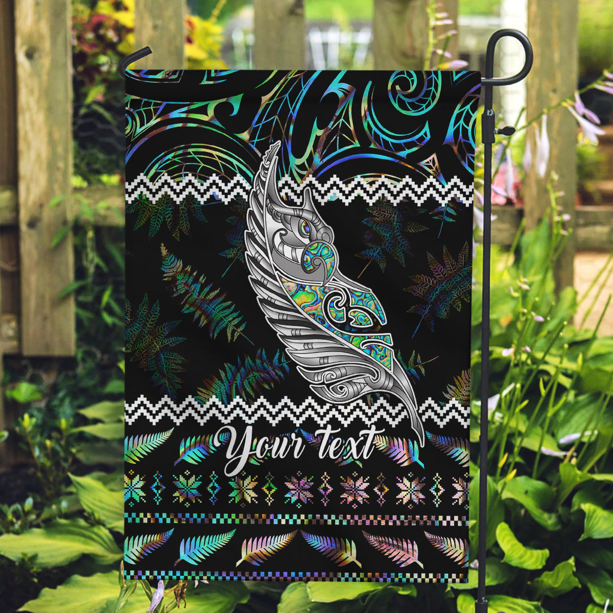 personalised-new-zealand-christmas-garden-flag-maori-fern-manaia-meri-kirihimete-with-papaua-shell