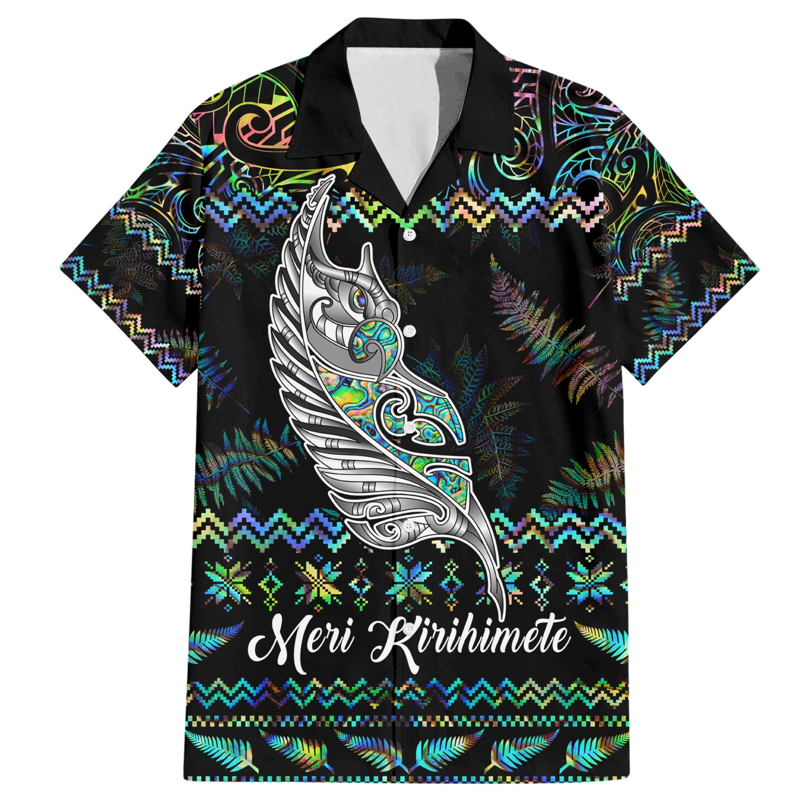 personalised-new-zealand-christmas-hawaiian-shirt-maori-fern-manaia-meri-kirihimete-with-papaua-shell