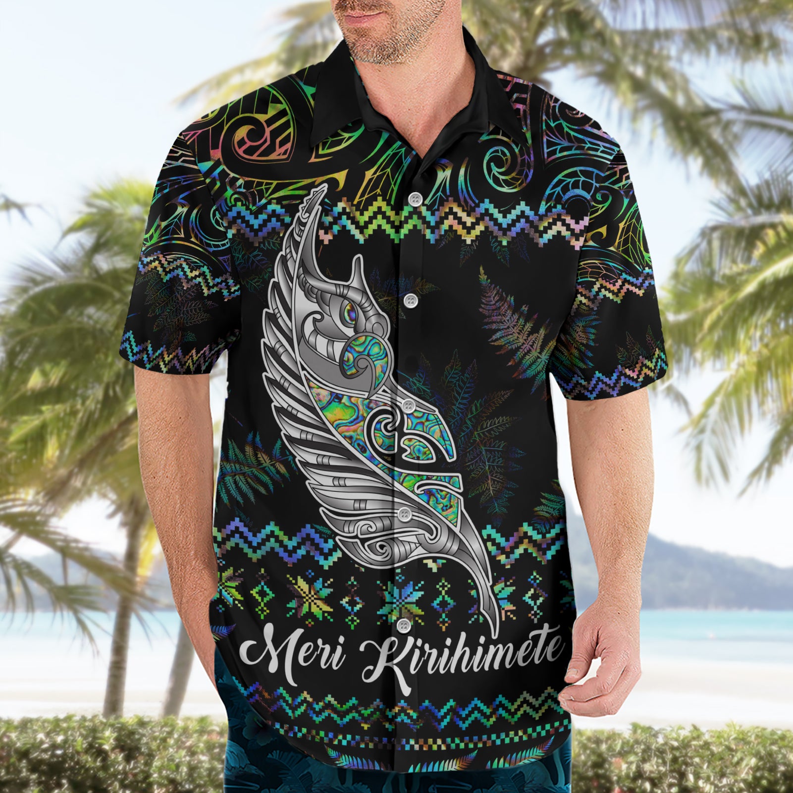 personalised-new-zealand-christmas-hawaiian-shirt-maori-fern-manaia-meri-kirihimete-with-papaua-shell