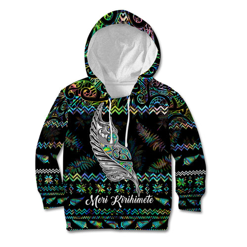 personalised-new-zealand-christmas-kid-hoodie-maori-fern-manaia-meri-kirihimete-with-papaua-shell