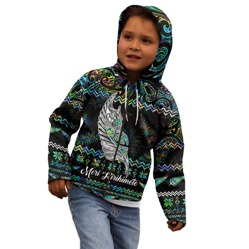 personalised-new-zealand-christmas-kid-hoodie-maori-fern-manaia-meri-kirihimete-with-papaua-shell