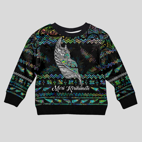 personalised-new-zealand-christmas-kid-ugly-christmas-sweater-maori-fern-manaia-meri-kirihimete-with-papaua-shell