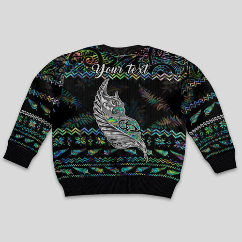 personalised-new-zealand-christmas-kid-ugly-christmas-sweater-maori-fern-manaia-meri-kirihimete-with-papaua-shell