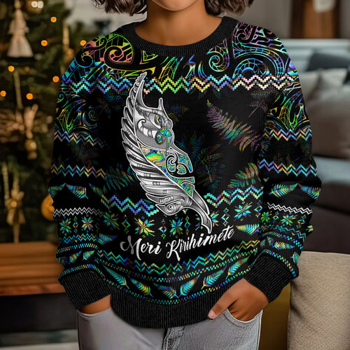 personalised-new-zealand-christmas-kid-ugly-christmas-sweater-maori-fern-manaia-meri-kirihimete-with-papaua-shell
