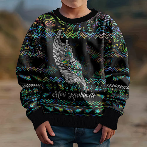 personalised-new-zealand-christmas-kid-ugly-christmas-sweater-maori-fern-manaia-meri-kirihimete-with-papaua-shell