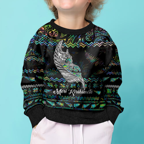 personalised-new-zealand-christmas-kid-ugly-christmas-sweater-maori-fern-manaia-meri-kirihimete-with-papaua-shell