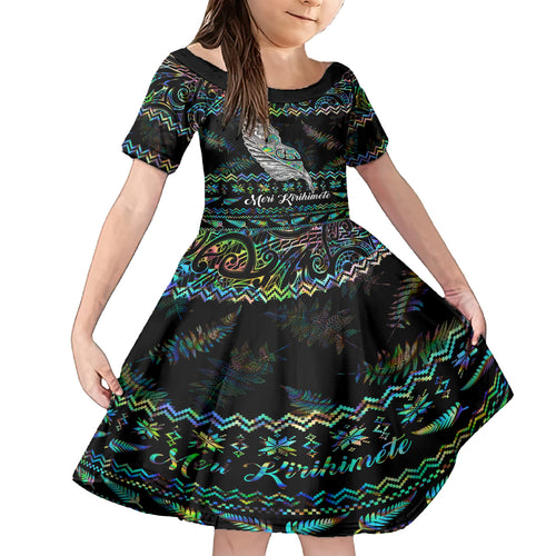 personalised-new-zealand-christmas-kid-short-sleeve-dress-maori-fern-manaia-meri-kirihimete-with-papaua-shell