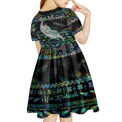 personalised-new-zealand-christmas-kid-short-sleeve-dress-maori-fern-manaia-meri-kirihimete-with-papaua-shell