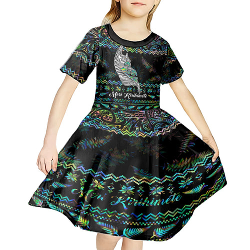 personalised-new-zealand-christmas-kid-short-sleeve-dress-maori-fern-manaia-meri-kirihimete-with-papaua-shell