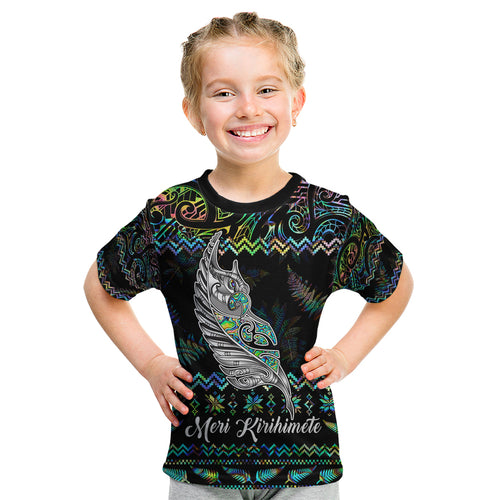 personalised-new-zealand-christmas-kid-t-shirt-maori-fern-manaia-meri-kirihimete-with-papaua-shell