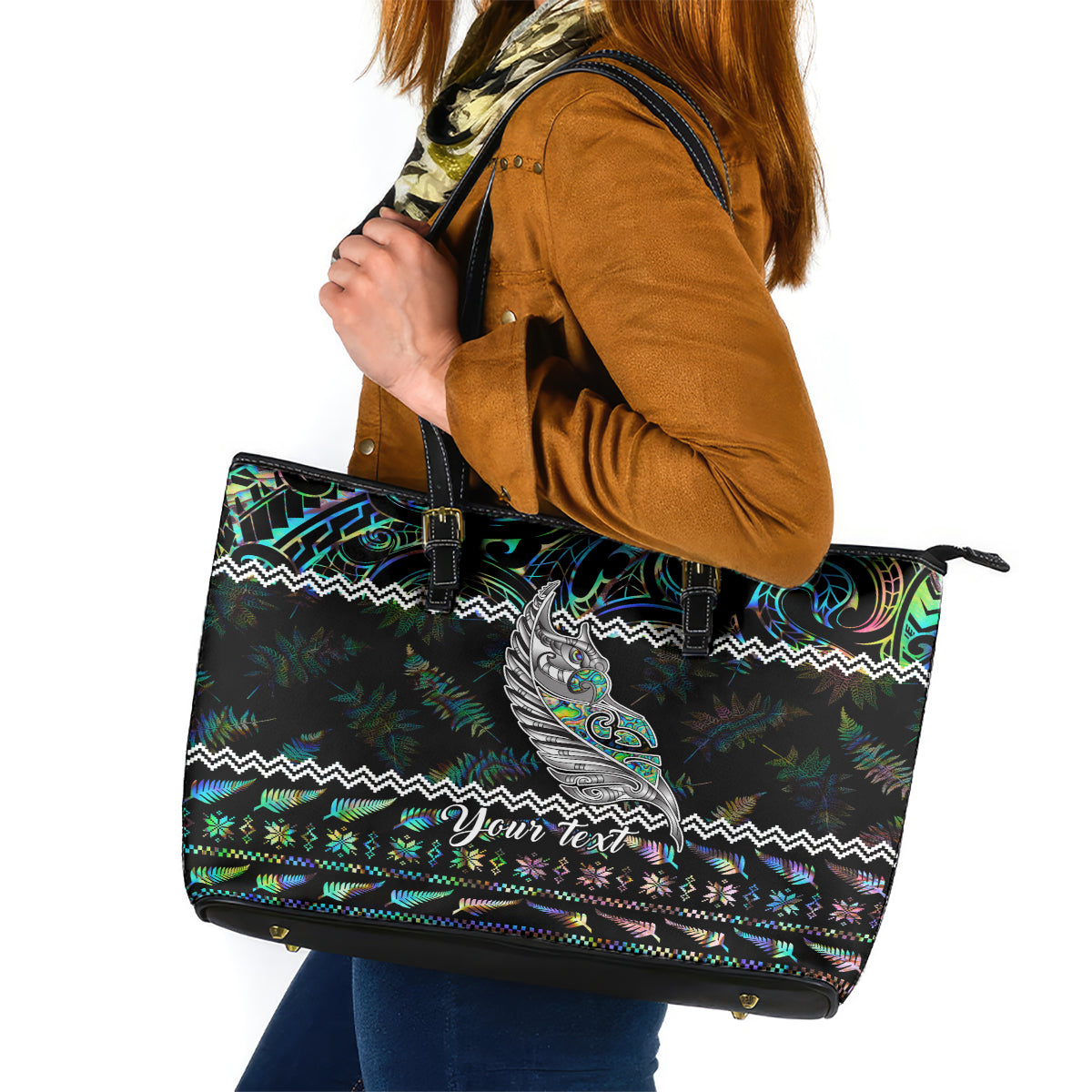 personalised-new-zealand-christmas-leather-tote-bag-maori-fern-manaia-meri-kirihimete-with-papaua-shell