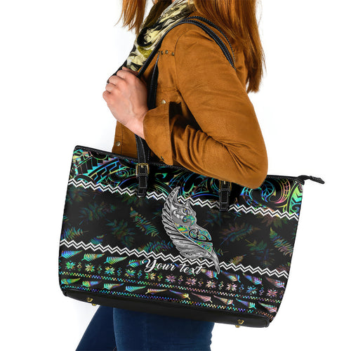 personalised-new-zealand-christmas-leather-tote-bag-maori-fern-manaia-meri-kirihimete-with-papaua-shell