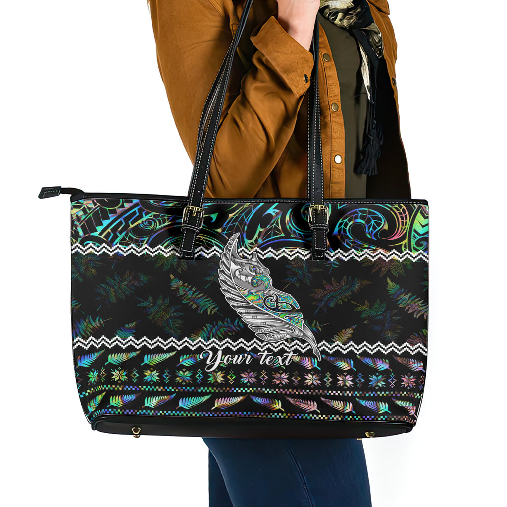 personalised-new-zealand-christmas-leather-tote-bag-maori-fern-manaia-meri-kirihimete-with-papaua-shell