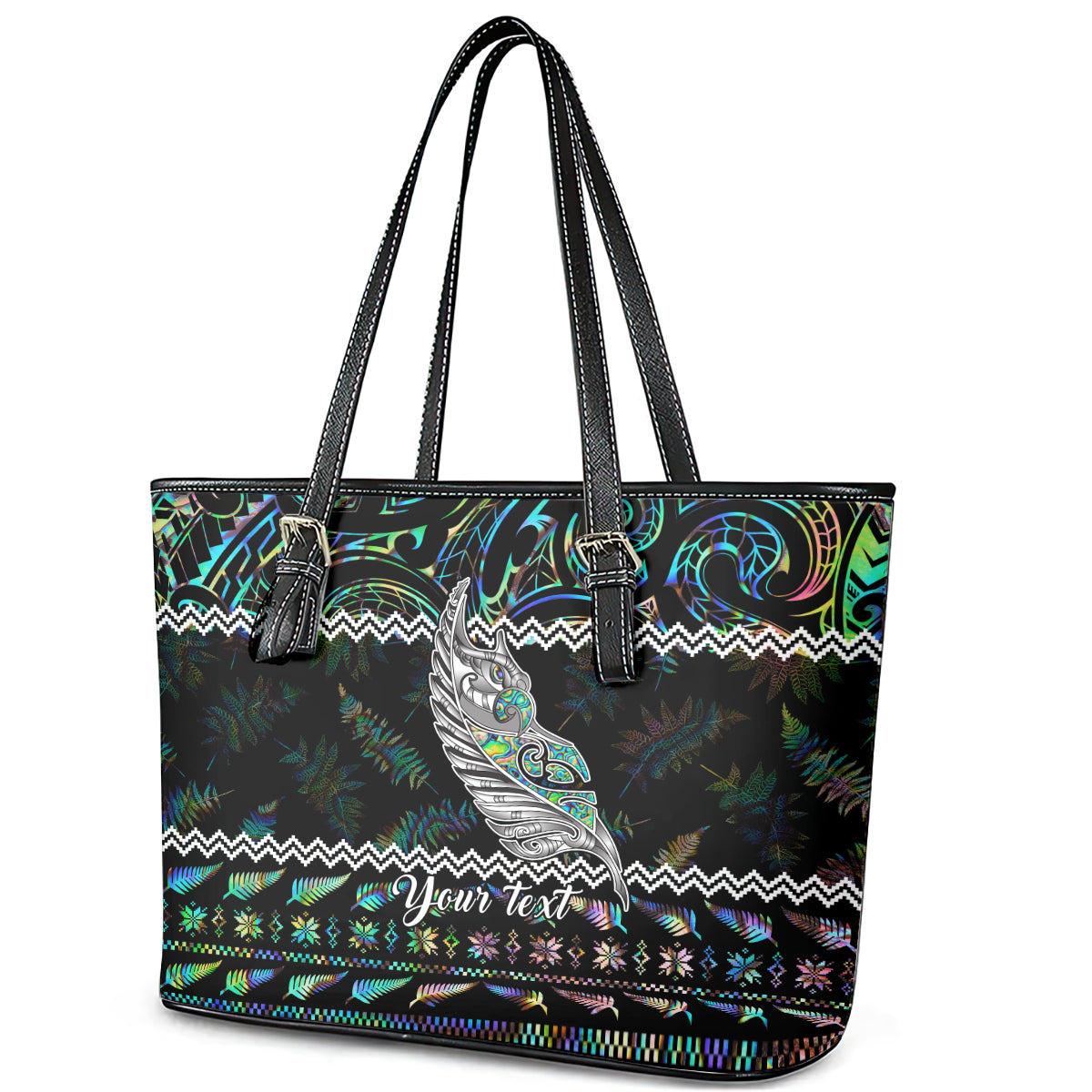 personalised-new-zealand-christmas-leather-tote-bag-maori-fern-manaia-meri-kirihimete-with-papaua-shell