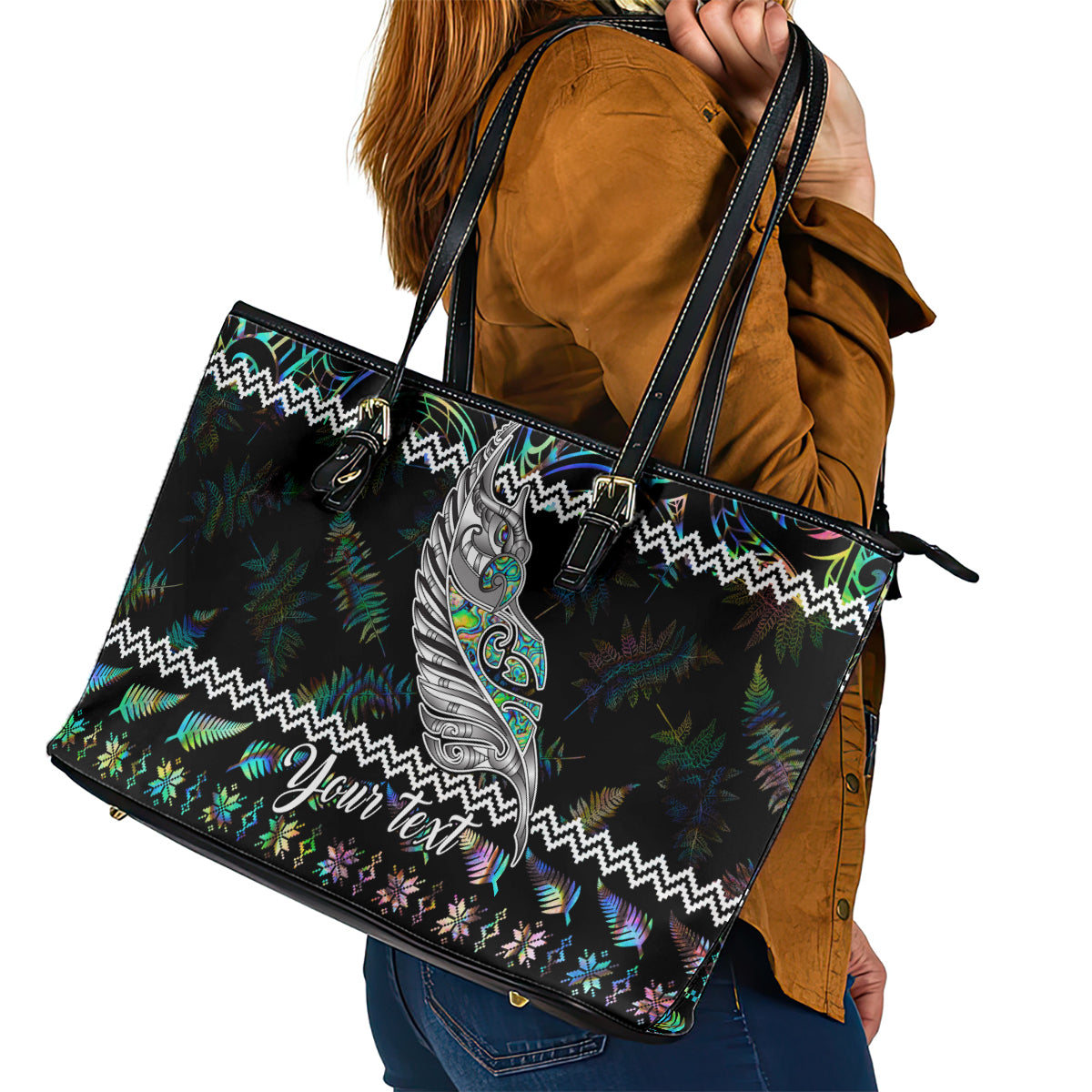 personalised-new-zealand-christmas-leather-tote-bag-maori-fern-manaia-meri-kirihimete-with-papaua-shell