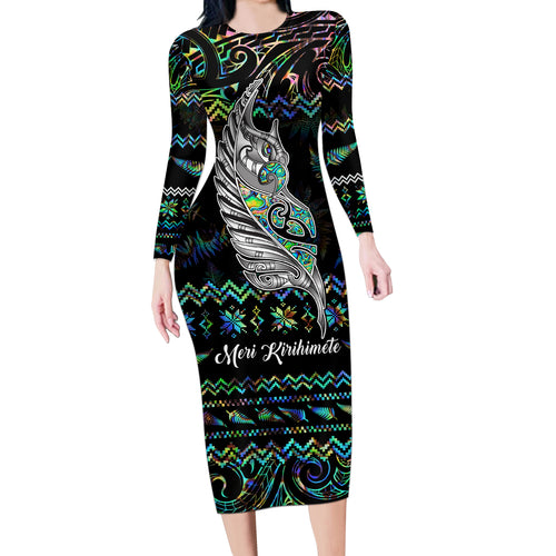 personalised-new-zealand-christmas-long-sleeve-bodycon-dress-maori-fern-manaia-meri-kirihimete-with-papaua-shell