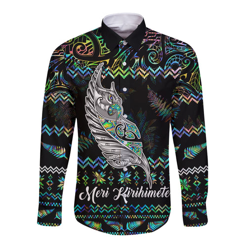 personalised-new-zealand-christmas-long-sleeve-button-shirt-maori-fern-manaia-meri-kirihimete-with-papaua-shell