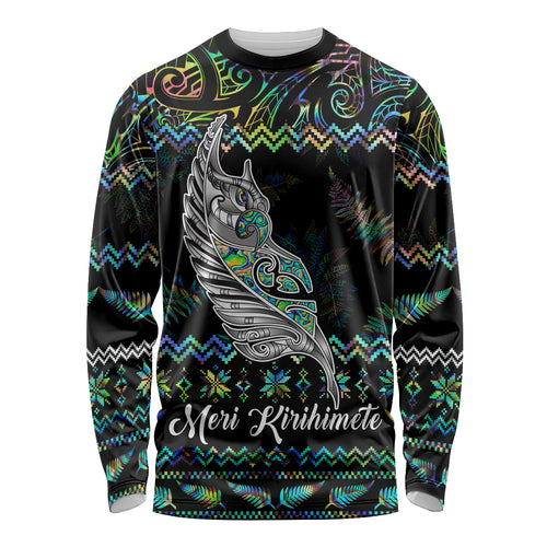 personalised-new-zealand-christmas-long-sleeve-shirt-maori-fern-manaia-meri-kirihimete-with-papaua-shell